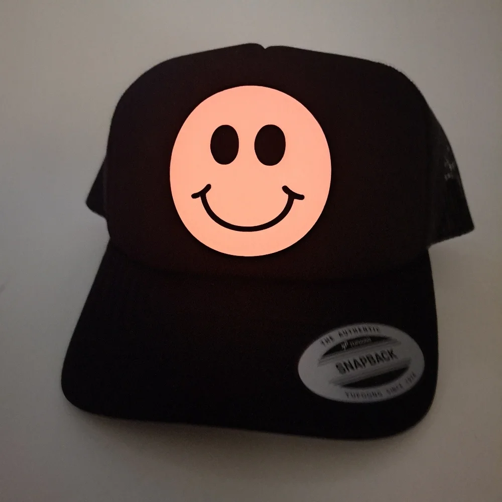 Smiley Face Glow in the Dark Pink Foam Trucker Mesh Snapback Cap Hat Black